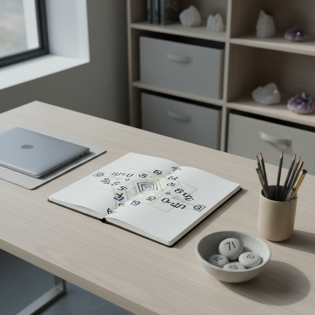 A numerology-inspired workspace in a modern esoteric studio, featuring a pale wooden desk with an open, text-free notebook displaying geometric diagrams and stylized numbers as artistic symbols. A slim silver laptop is closed to one side, while a sand-colored ceramic cup holds neatly arranged pencils. Smooth river stones etched with simple number-like glyphs rest in a small linen bowl. In the background, a soft-focus bookshelf holds neutral-toned boxes and crystals. Gentle, cool daylight from a nearby window illuminates the scene, creating soft, directional shadows. Shot in photographic realism from a three-quarter elevated angle, with a clean, uncluttered composition. The mood is analytical yet mystical, suggesting thoughtful, personalized numerology consultations in a confidential and elegant environment.