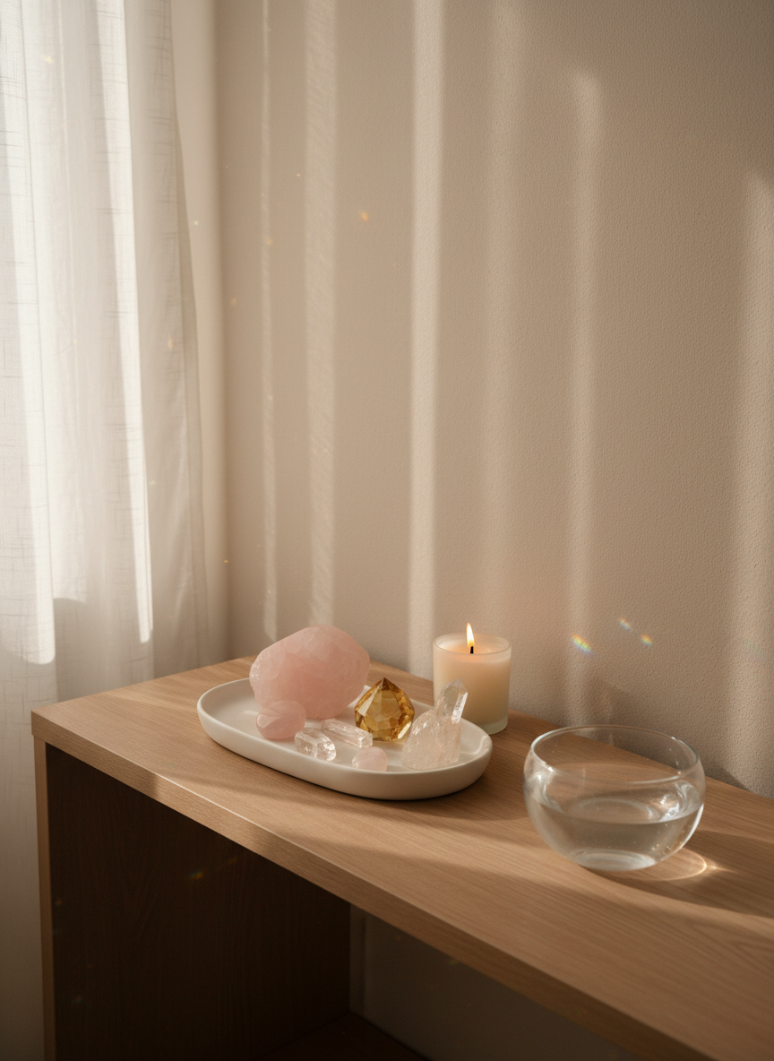 A refined crystal healing altar on a low, pale oak console against a soft beige wall in a contemporary studio. Polished crystals in pastel tones—rose quartz, citrine, and clear quartz—are arranged on a smooth white ceramic tray beside a single lit, unscented candle in a frosted glass holder, its flame small and steady. Nearby, a sleek glass bowl of water reflects flecks of light. Natural afternoon sunlight enters from the left, filtered through sheer curtains, creating delicate reflections and tiny rainbows on the wall. Photographic realism with a slightly elevated angle and balanced composition. The atmosphere is serene, pure, and sophisticated, evoking energy cleansing and inner clarity while remaining bright and non-gothic.