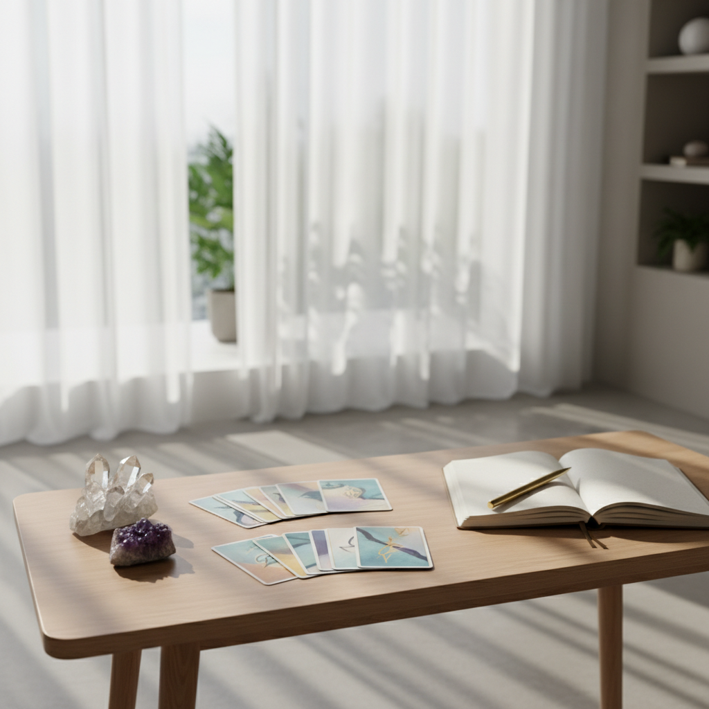 A tranquil esoteric consultation table arranged in a bright, minimalist studio. A smooth light-wood table holds a carefully laid out tarot deck with elegant, abstract, text-free illustrations, a small cluster of clear quartz and amethyst crystals, and an open linen notebook with a brass pen resting diagonally. In the background, floor-to-ceiling sheer white curtains soften daylight streaming in, with a blurred glimpse of green plants and neutral shelving. Photographic realism at eye level, with soft, diffused morning light creating gentle highlights on crystal facets and subtle shadows. The mood is sophisticated, calm, and confidential, suggesting personalized spiritual guidance without showing any people, in a clean, modern composition using shallow depth of field.