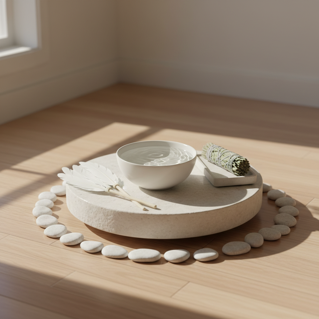 A serene energy cleansing scene in a bright, airy room with light wooden floors and warm white walls. At the center, a low round table made of pale stone holds a white ceramic bowl with softly swirling water, a neatly bundled sage-colored herb smudge stick resting on a small tray, and a delicate feather fan. Around the base of the table, smooth white pebbles form a simple circle. Sunlight from a large unseen window washes across the floor, creating gentle, elongated shadows and a subtle glow on the water’s surface. Photographic realism with an eye-level composition and shallow depth of field keeps the focus on the cleansing tools. The atmosphere is pure, uplifting, and sophisticated, evoking renewal and subtle spiritual refinement.