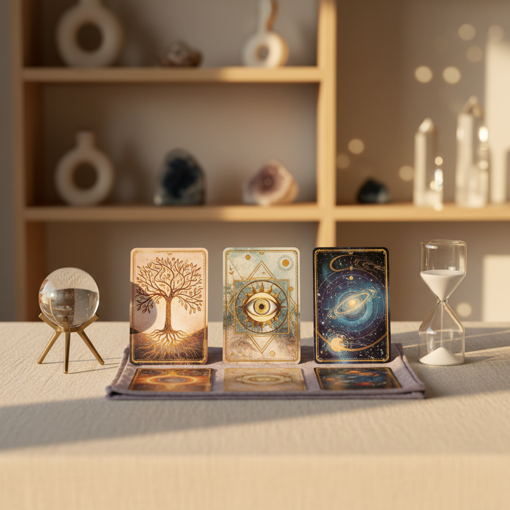 A highly curated tarot reading layout for a premium esoteric studio homepage hero image. A wide, light-linen-covered table stretches horizontally, with three elegantly illustrated, text-free tarot cards placed in a deliberate line at the center. To the left, a small translucent crystal sphere rests on a matte brass stand; to the right, a minimalist sand timer with fine white sand suggests the flow of time. A soft, folded cotton cloth in muted lavender anchors the arrangement. Background shelves in light wood hold abstract art objects and crystals, softly blurred. Golden hour sunlight enters from the right, creating warm highlights on the card surfaces and gentle bokeh. Photographic realism, shot from a slightly elevated front angle, with a sophisticated, contemplative mood and a sense of discreet, personalized guidance.
