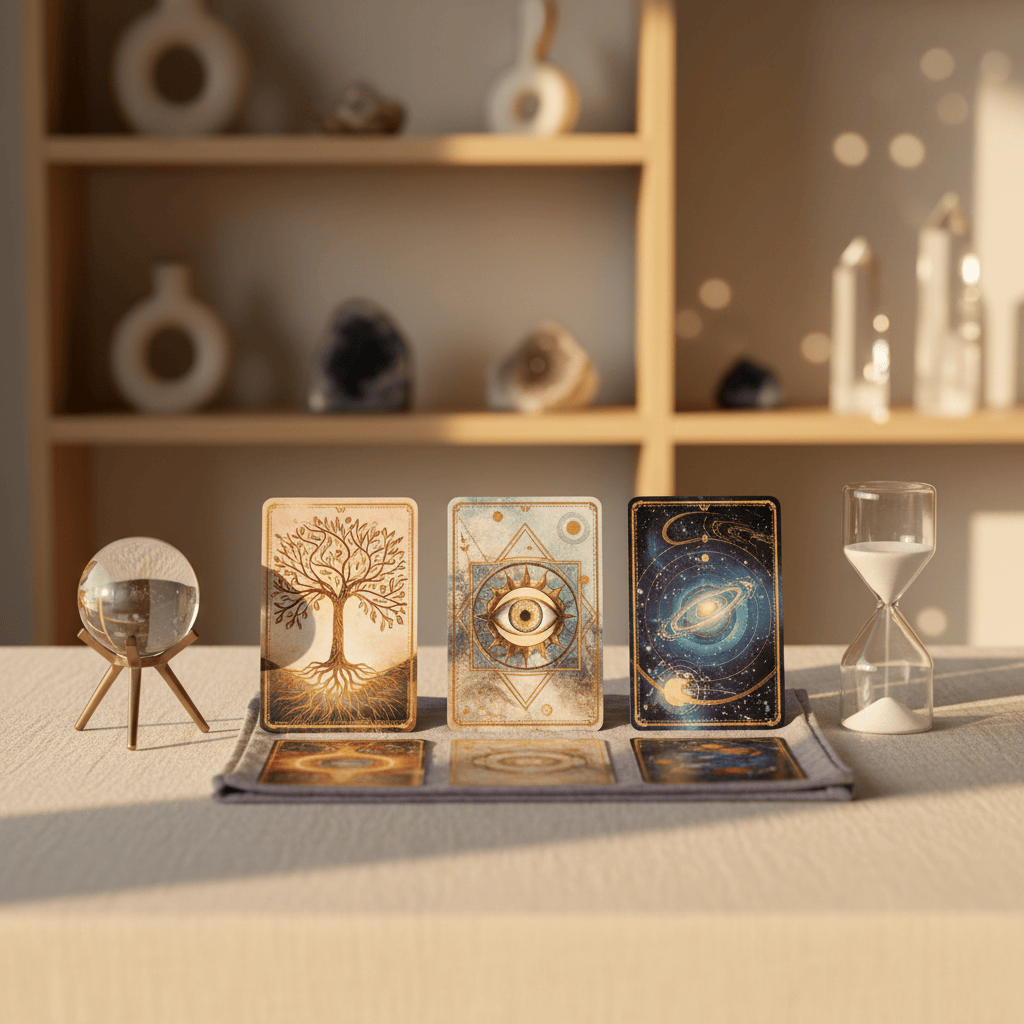 A highly curated tarot reading layout for a premium esoteric studio homepage hero image. A wide, light-linen-covered table stretches horizontally, with three elegantly illustrated, text-free tarot cards placed in a deliberate line at the center. To the left, a small translucent crystal sphere rests on a matte brass stand; to the right, a minimalist sand timer with fine white sand suggests the flow of time. A soft, folded cotton cloth in muted lavender anchors the arrangement. Background shelves in light wood hold abstract art objects and crystals, softly blurred. Golden hour sunlight enters from the right, creating warm highlights on the card surfaces and gentle bokeh. Photographic realism, shot from a slightly elevated front angle, with a sophisticated, contemplative mood and a sense of discreet, personalized guidance.