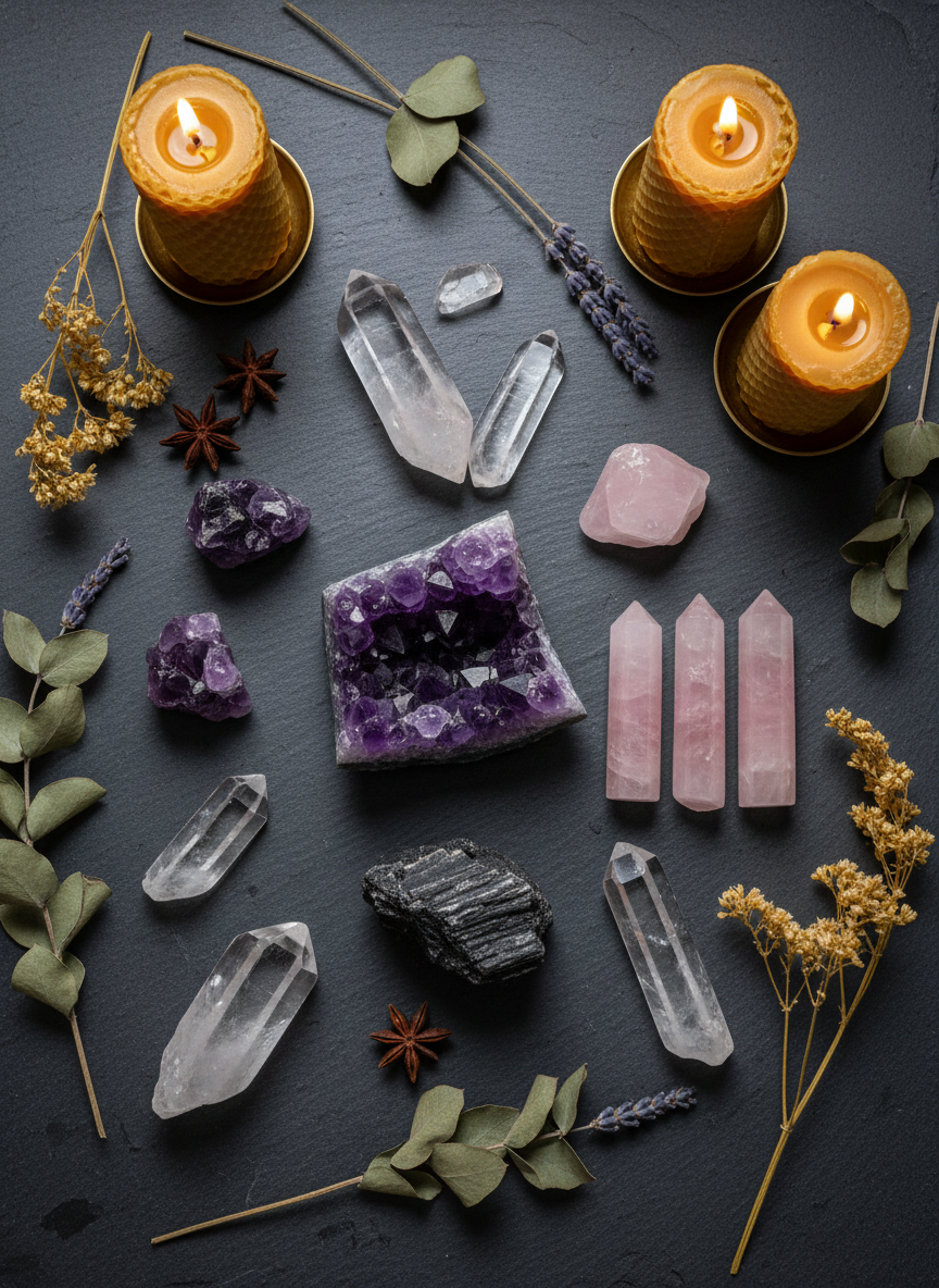 A sophisticated flat lay of healing crystals and gemstones arranged on a dark slate surface — amethyst clusters, rose quartz points, black tourmaline, and clear quartz. Soft candlelight and dried botanicals frame the scene. Shot in photographic realism with moody, mystical lighting. Elegant and esoteric atmosphere.
